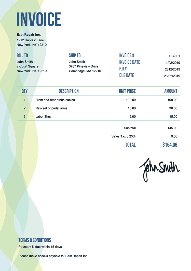 Sample Invoice showing company details, line items, and total amount